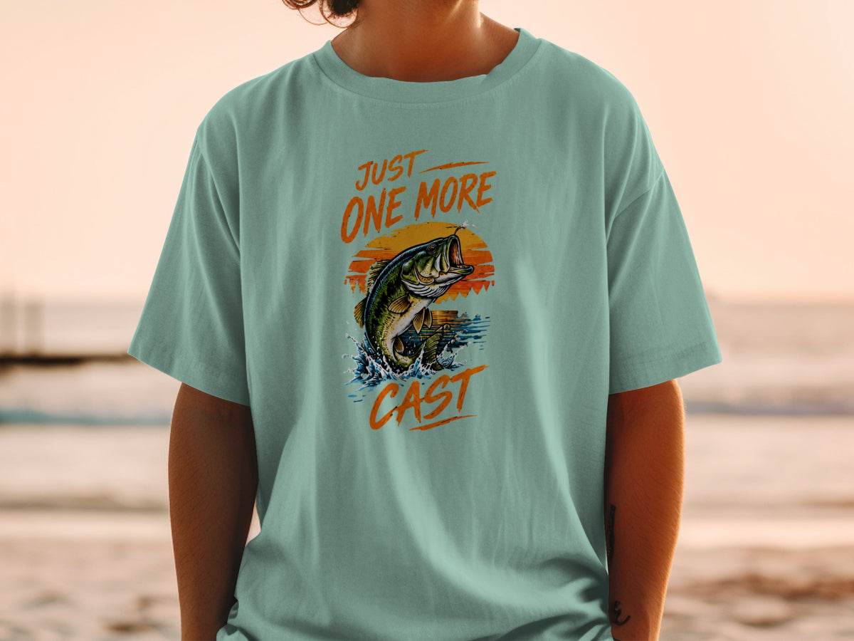 T-shirt with graphic of jumping bass and text "JUST ONE MORE CAST".