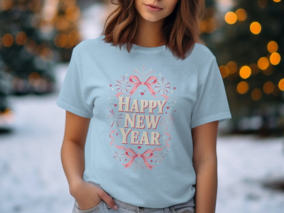 Light blue t-shirt with "Happy New Year" text and pink bow design.