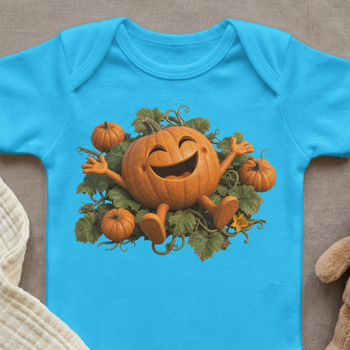 Aqua baby bodysuit with smiling pumpkin and baby pumpkins graphic.