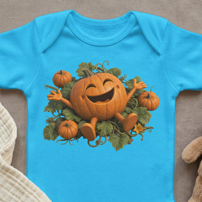Aqua baby bodysuit with smiling pumpkin and baby pumpkins graphic.