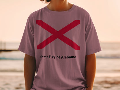 T-shirt with Alabama state flag design and text "State Flag of Alabama".