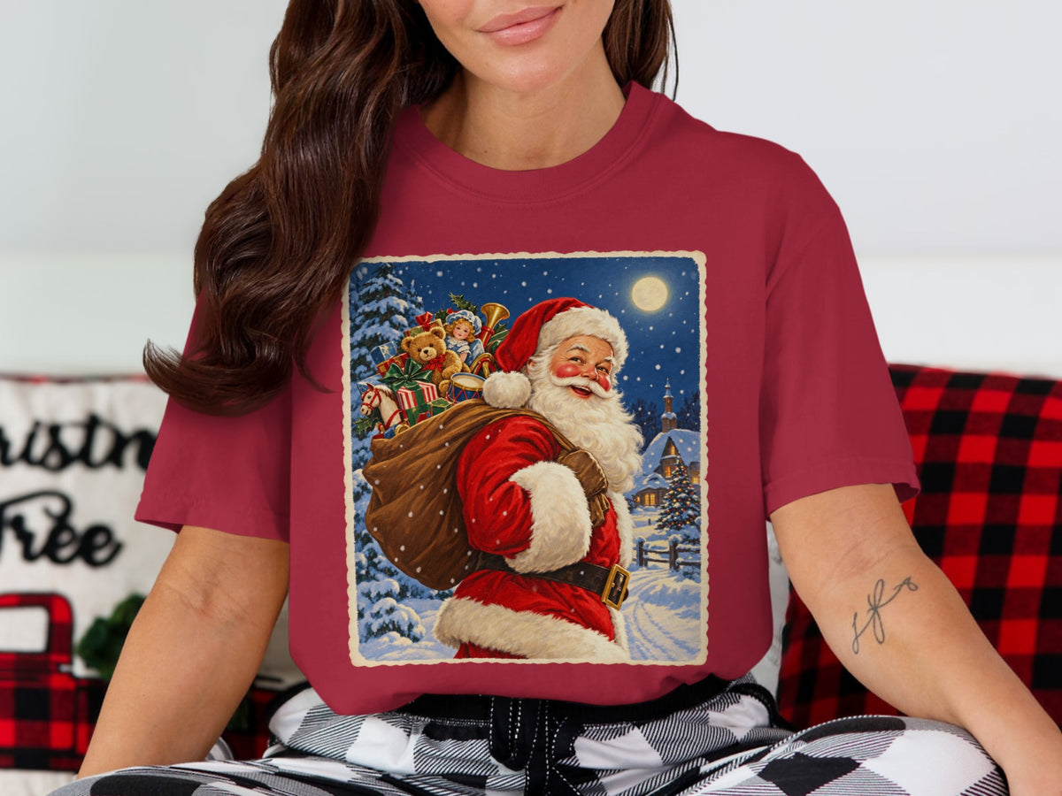 Retro Santa Claus carrying a sack of gifts through a snowy village scene.