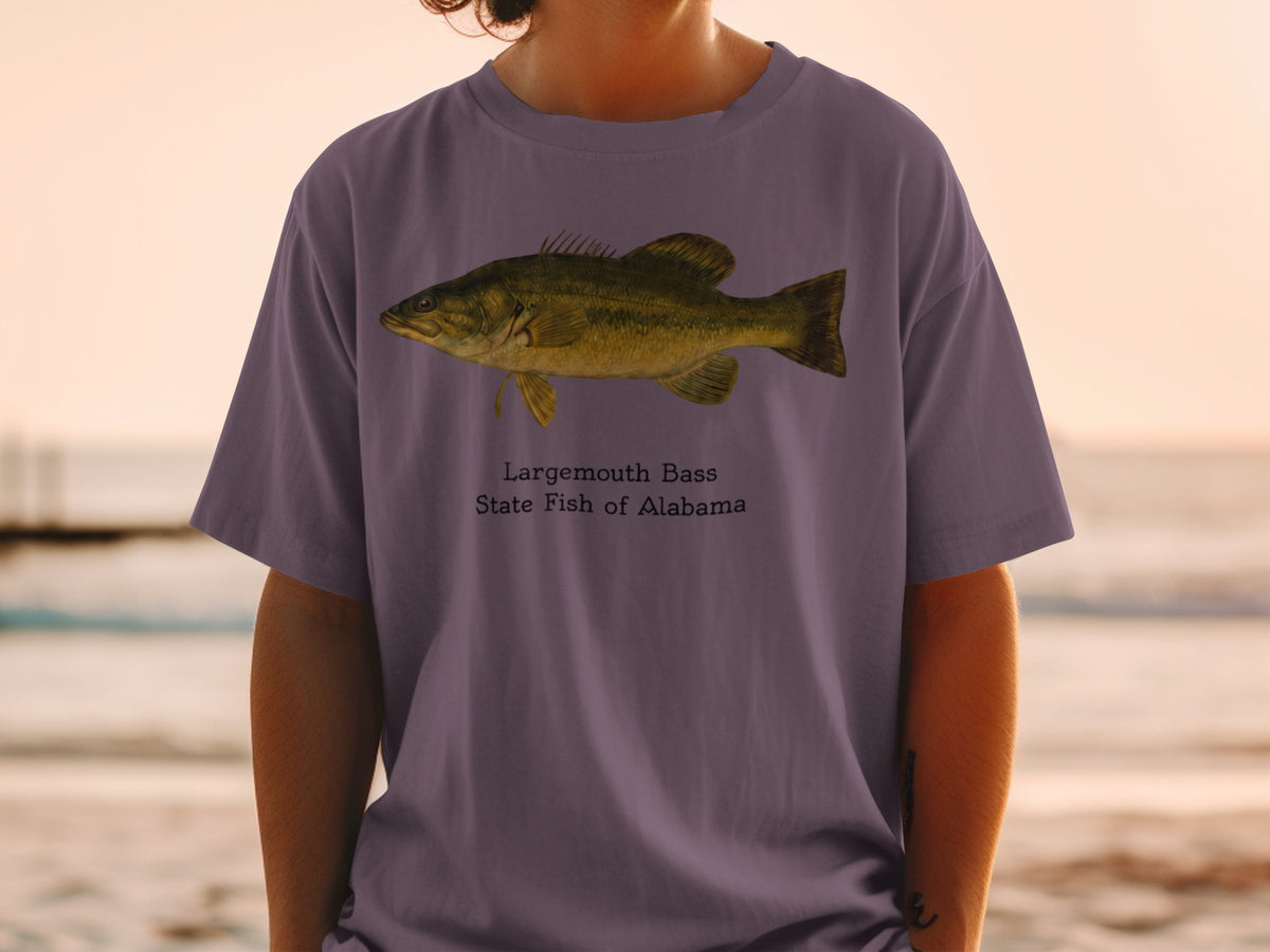 T-shirt featuring largemouth bass illustration and text "State Fish of Alabama".