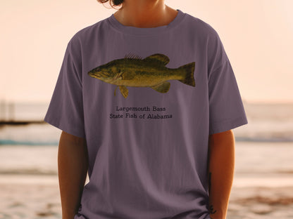 T-shirt featuring largemouth bass illustration and text "State Fish of Alabama".