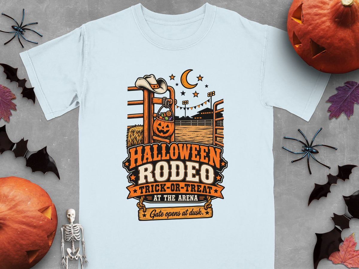Halloween Rodeo graphic with text and cowboy hat, pumpkin bucket.