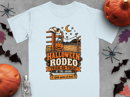 Halloween Rodeo graphic with text and cowboy hat, pumpkin bucket.