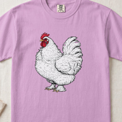 Light purple crewneck t-shirt featuring a detailed illustration of a white rooster centered on the chest.