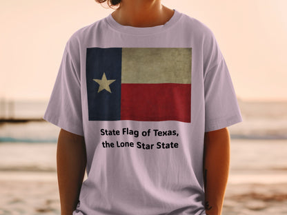T-shirt with Texas flag design and text "State Flag of Texas, the Lone Star State".