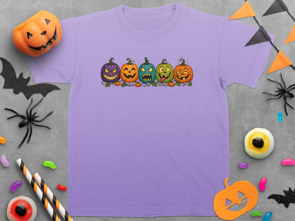 Purple t-shirt with five cartoon pumpkins and Halloween decorations.