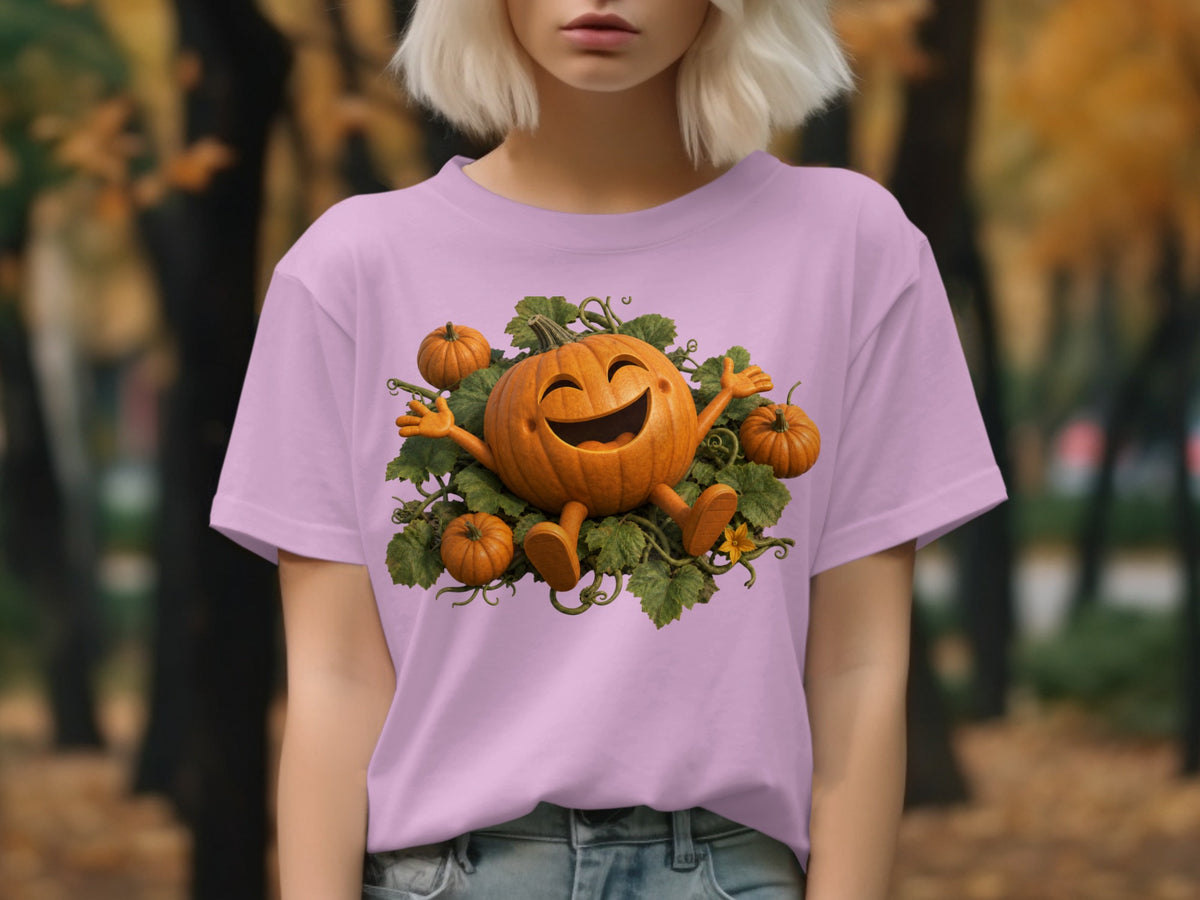 Cartoon pumpkin character with outstretched arms on a pink t-shirt.
