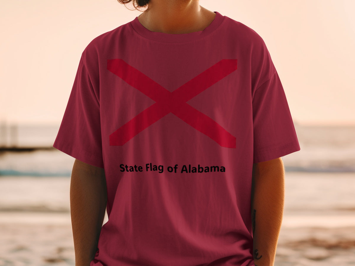 Maroon t-shirt with a red St. Andrew's cross and "State Flag of Alabama" text.