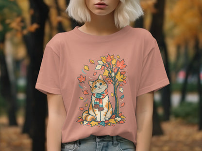 Illustration of an orange cat wearing a scarf sitting by a tree with autumn leaves.