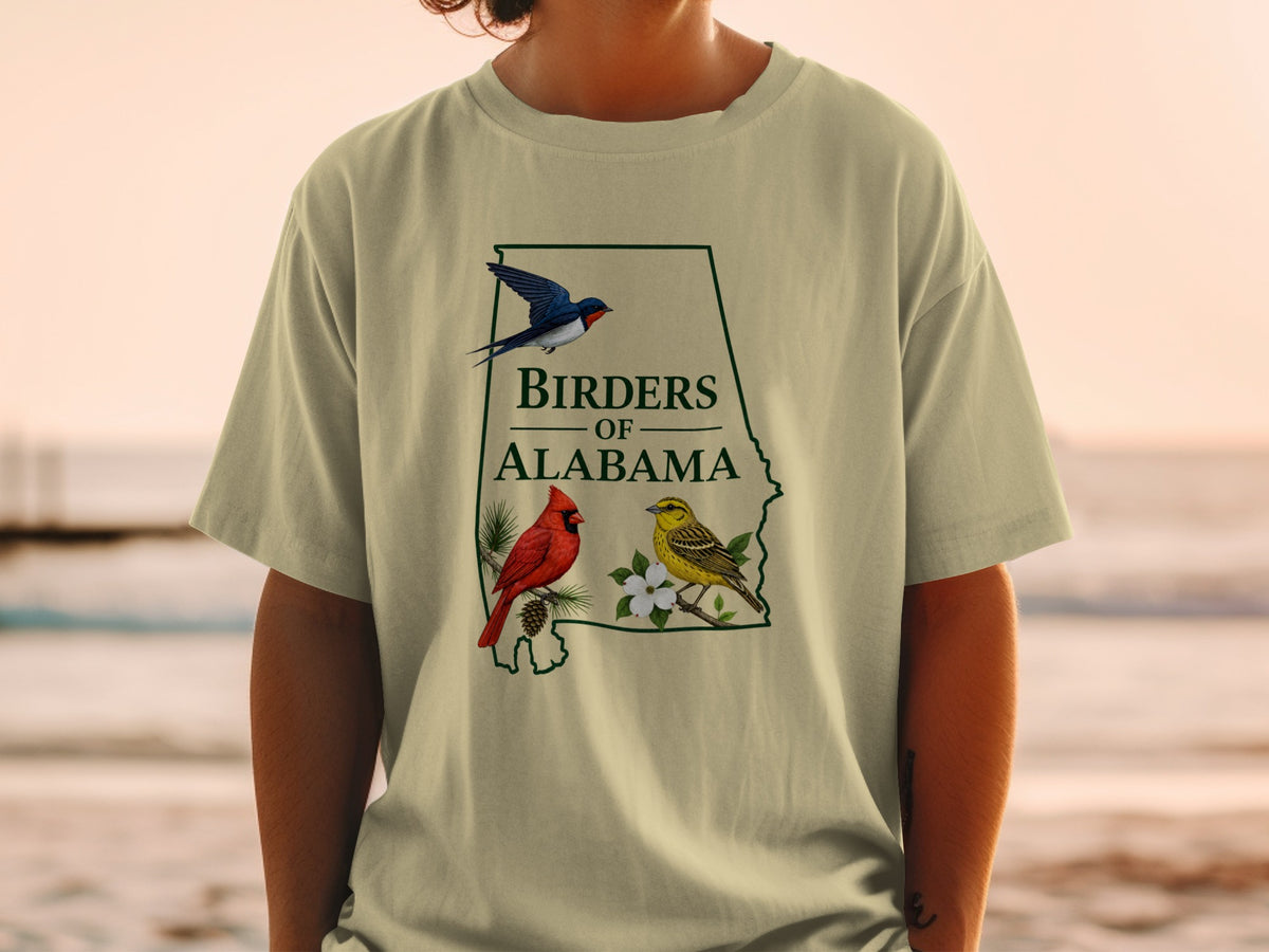 T-shirt with Alabama outline and "Birders of Alabama" text, featuring birds.