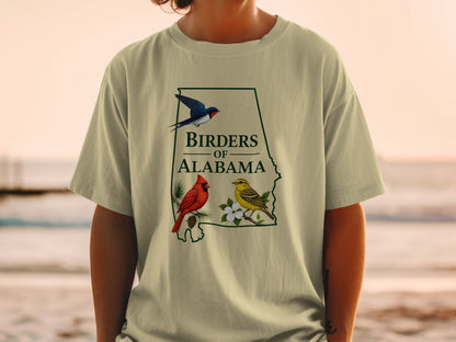 T-shirt with Alabama outline and "Birders of Alabama" text, featuring birds.