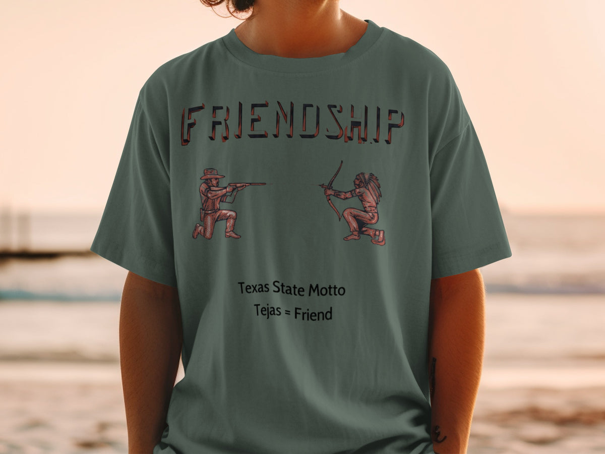 T-shirt with "FRIENDSHIP" text, cowboy and Native American figures, and "Tejas = Friend".