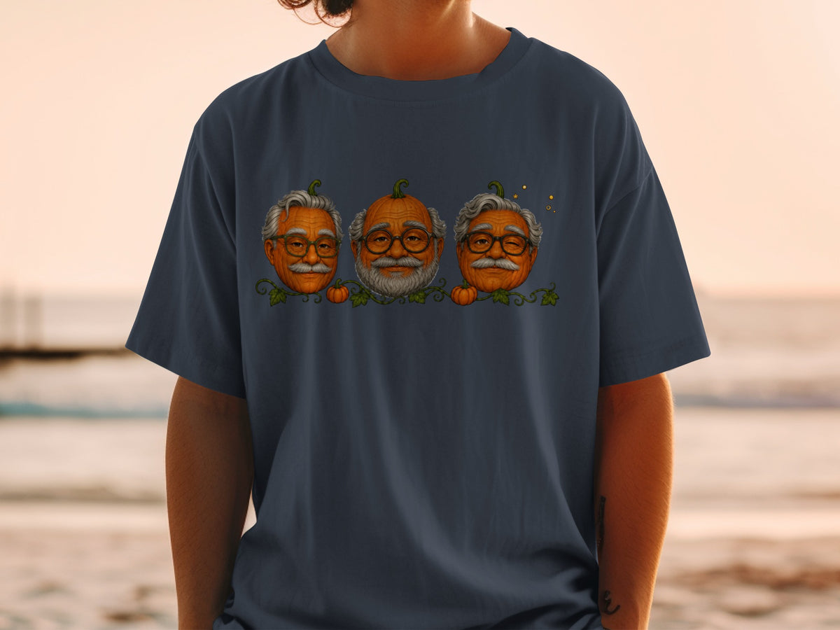 Three pumpkins with elderly men's faces, wearing glasses and mustaches.