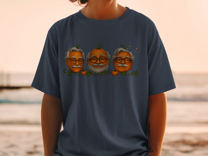 Three pumpkins with elderly men's faces, wearing glasses and mustaches.