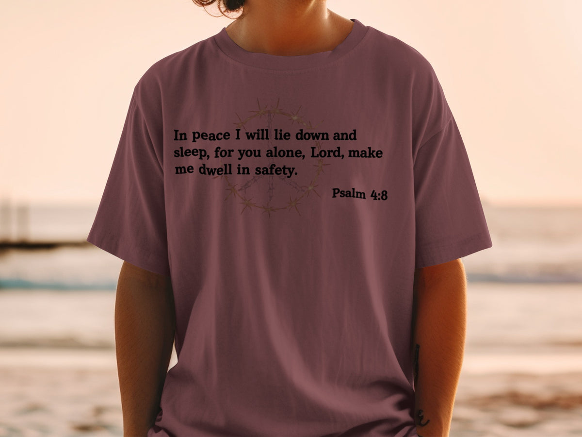 T-shirt with Psalm 4:8 text and crown of thorns graphic.