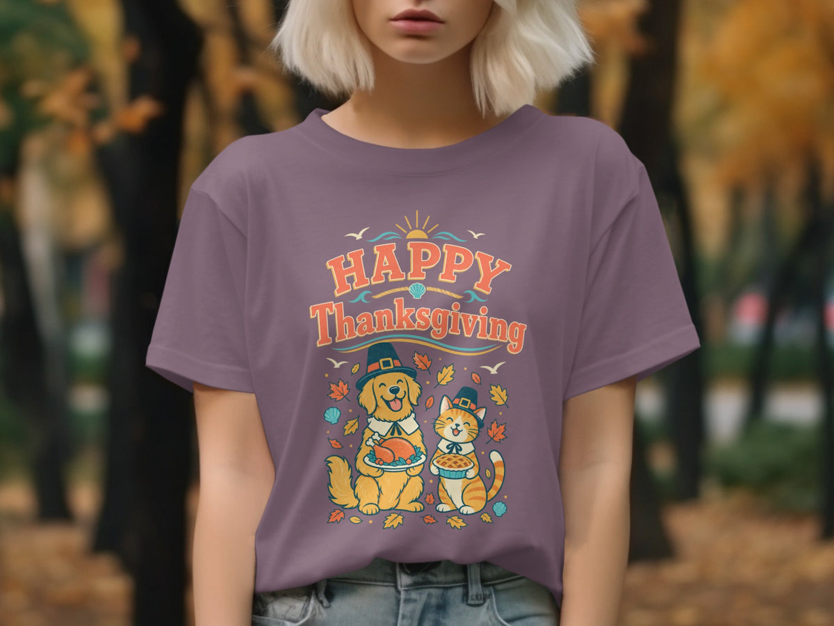Dog and cat celebrate Thanksgiving with turkey and pie under "Happy Thanksgiving" text.