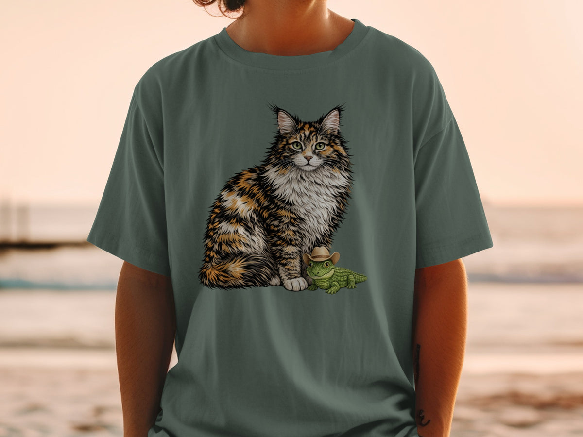 A person wears a dark green t-shirt featuring a fluffy calico cat sitting beside a small alligator wearing a cowboy hat.
