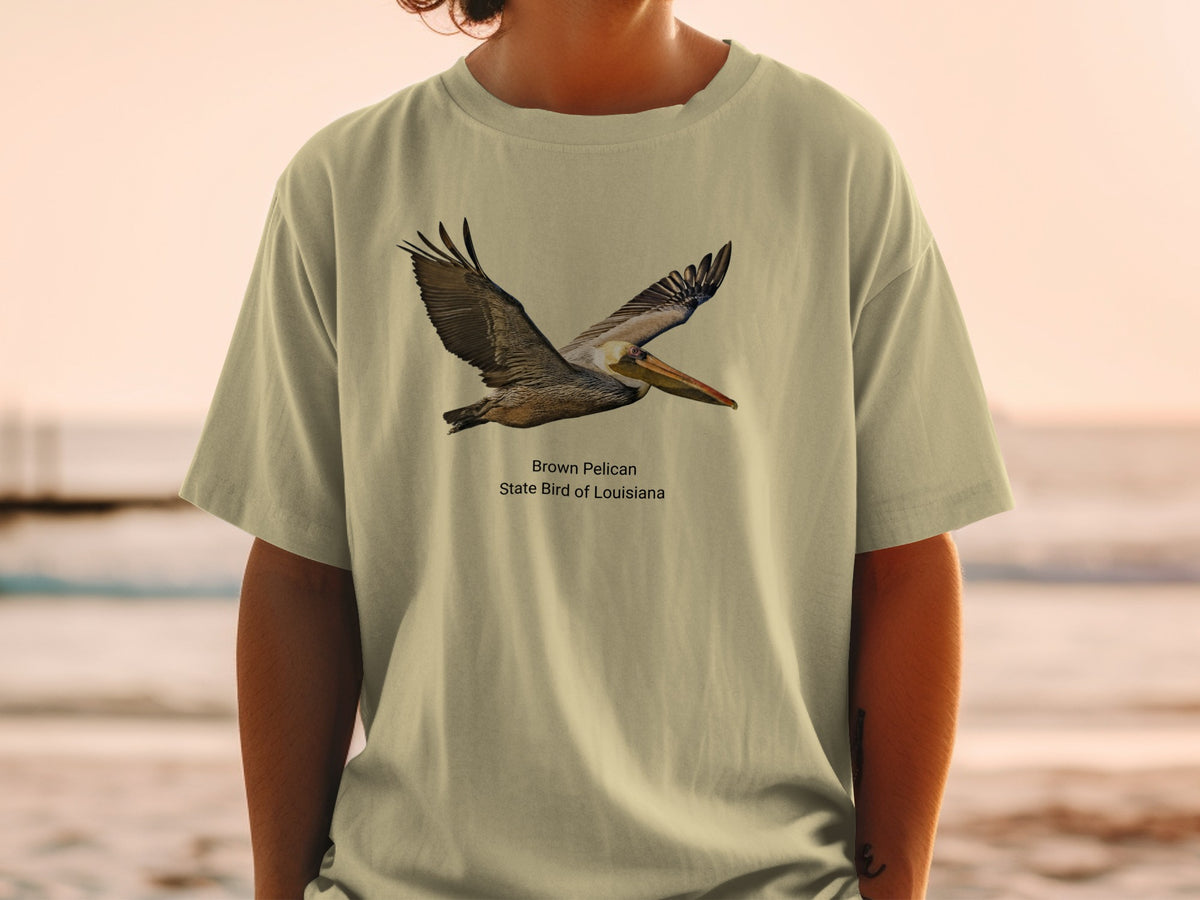 Brown Pelican, State Bird of Louisiana graphic on a t-shirt.