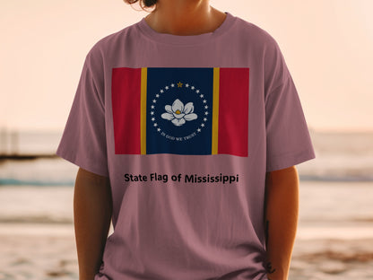 T-shirt with Mississippi state flag design and "State Flag of Mississippi" text.