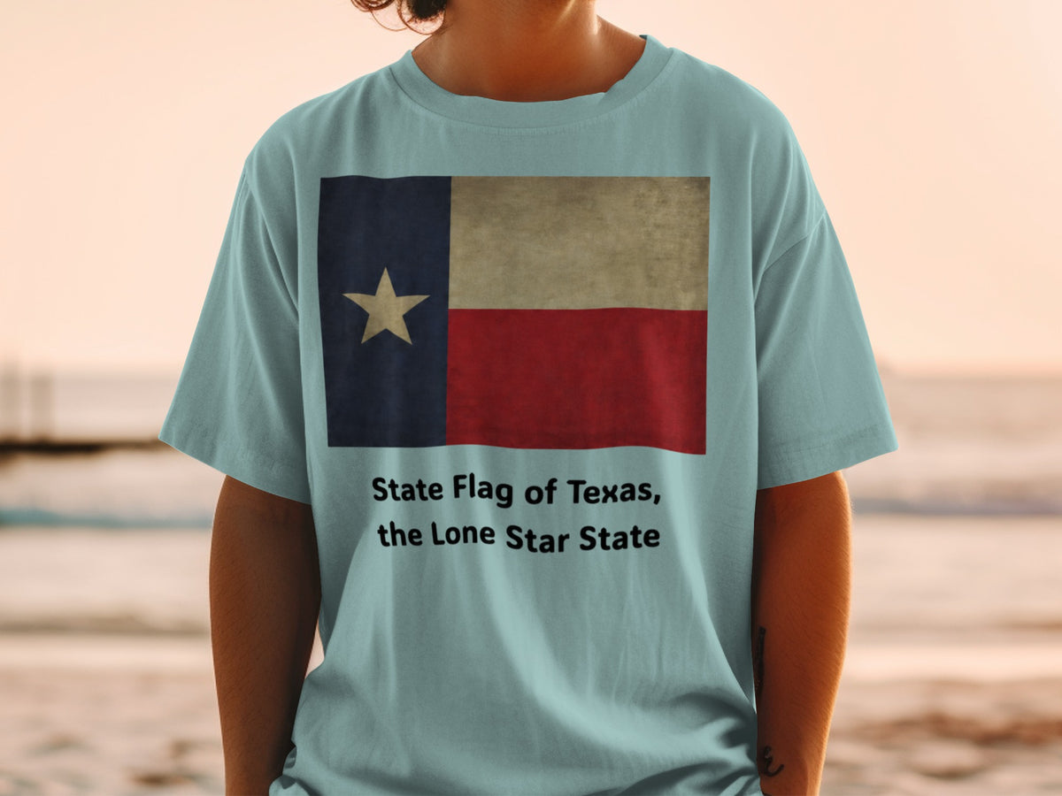 Texas flag with text "State Flag of Texas, the Lone Star State" on a t-shirt.