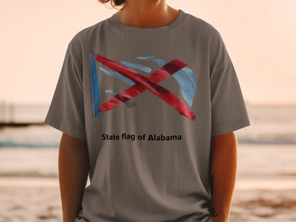 T-shirt with the state flag of Alabama and text "State flag of Alabama".