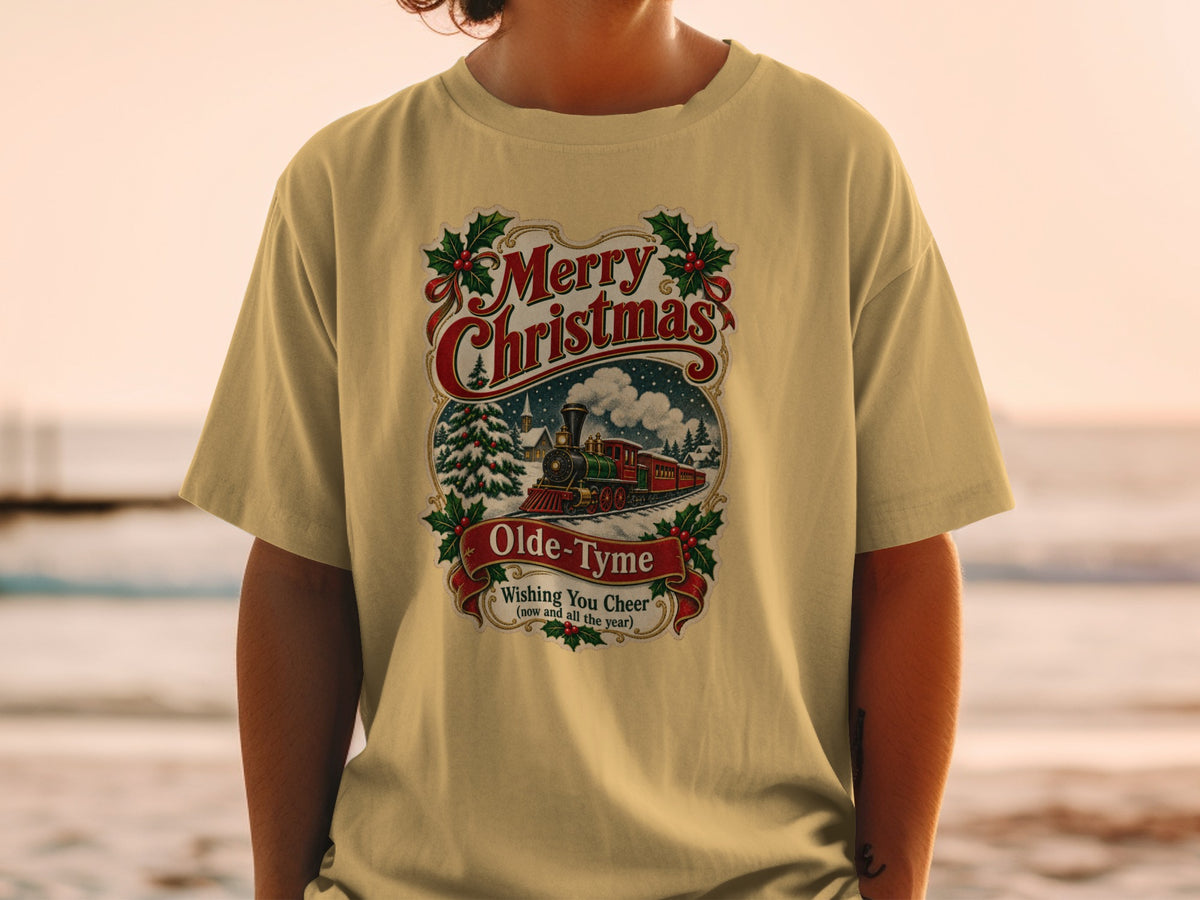 T-shirt with "Merry Christmas Olde-Tyme" and train graphic.
