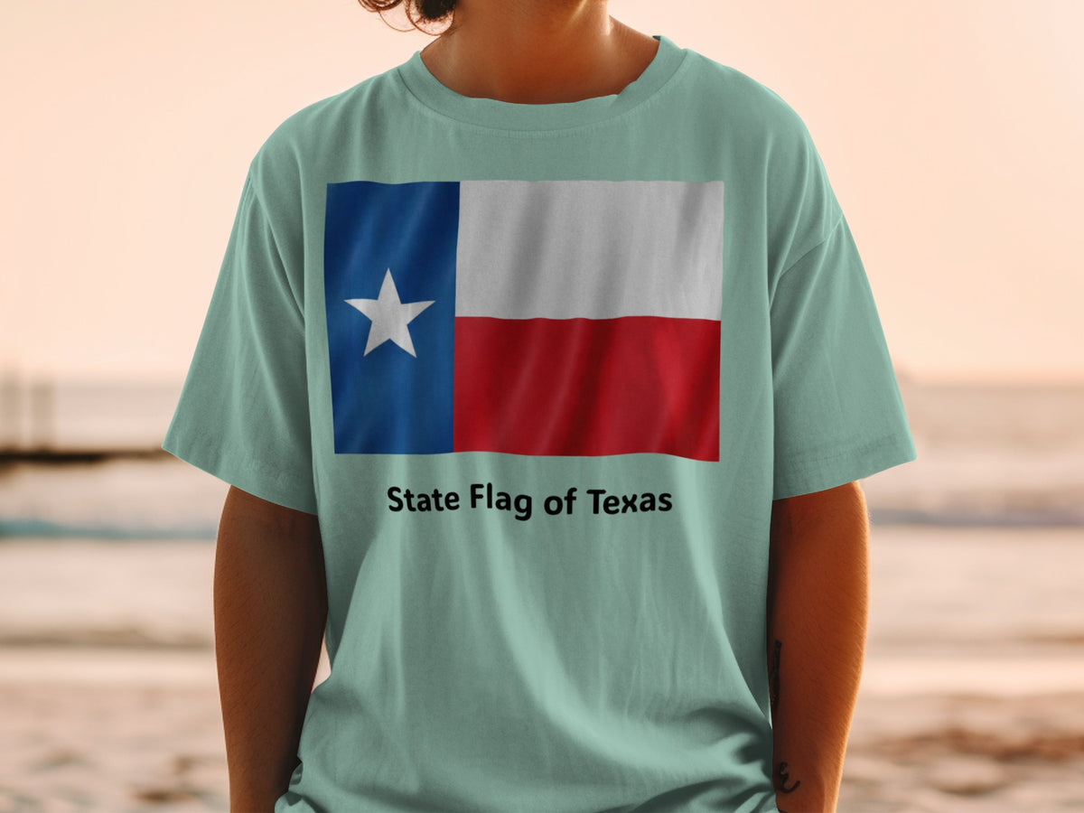 Light blue t-shirt with the State Flag of Texas printed on the front.