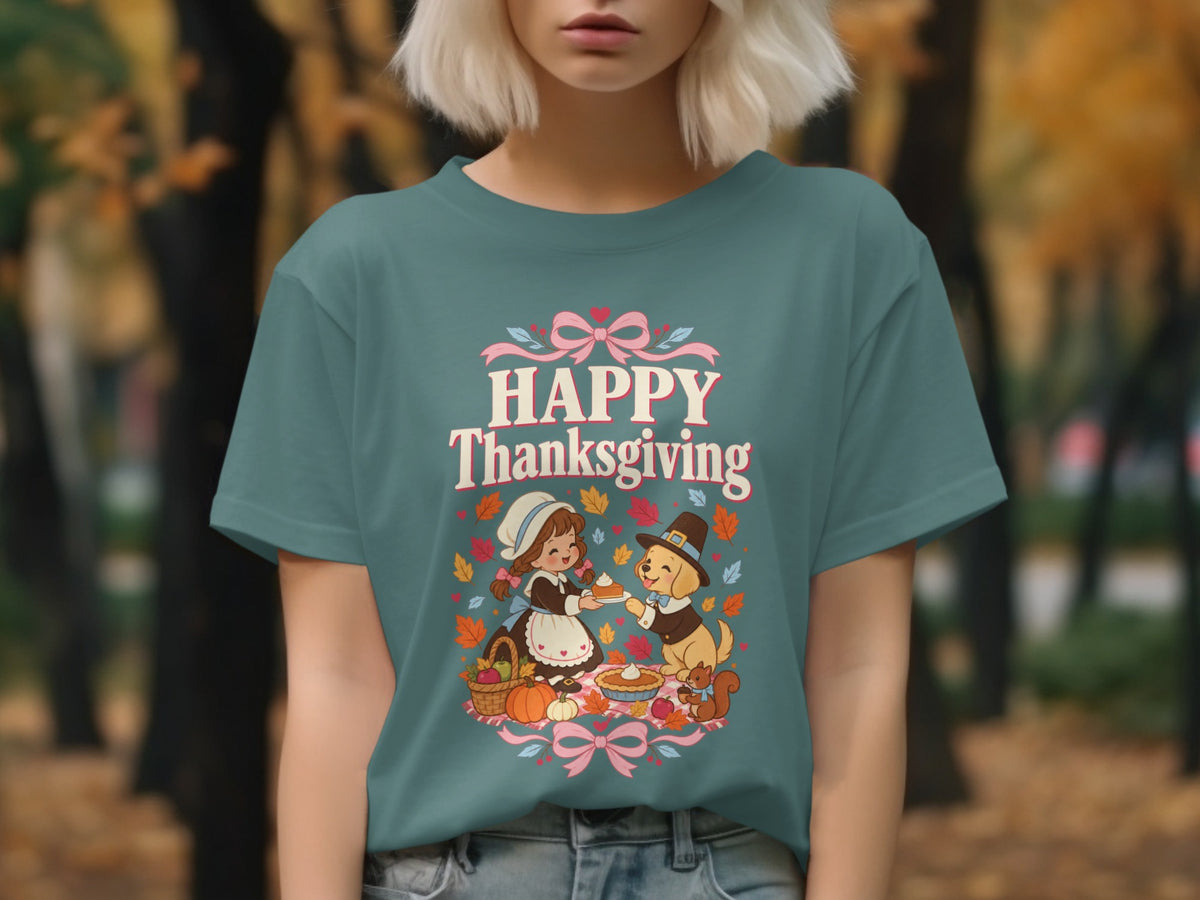 T-shirt with "Happy Thanksgiving" text and a pilgrim girl and dog sharing pie.