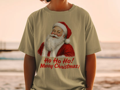 Tan t-shirt with Santa Claus graphic and "Ho Ho Ho! Merry Christmas!" text.