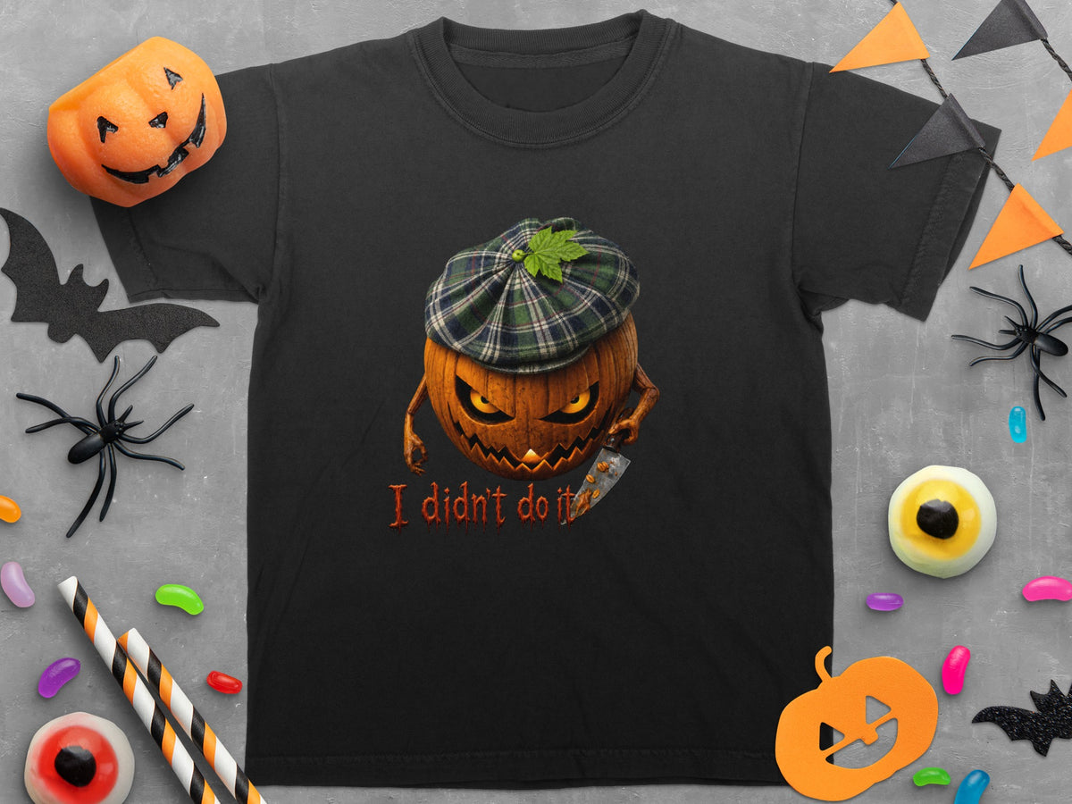 Black t-shirt with a grinning pumpkin wearing a plaid cap and holding a knife, text "I didn't do it."