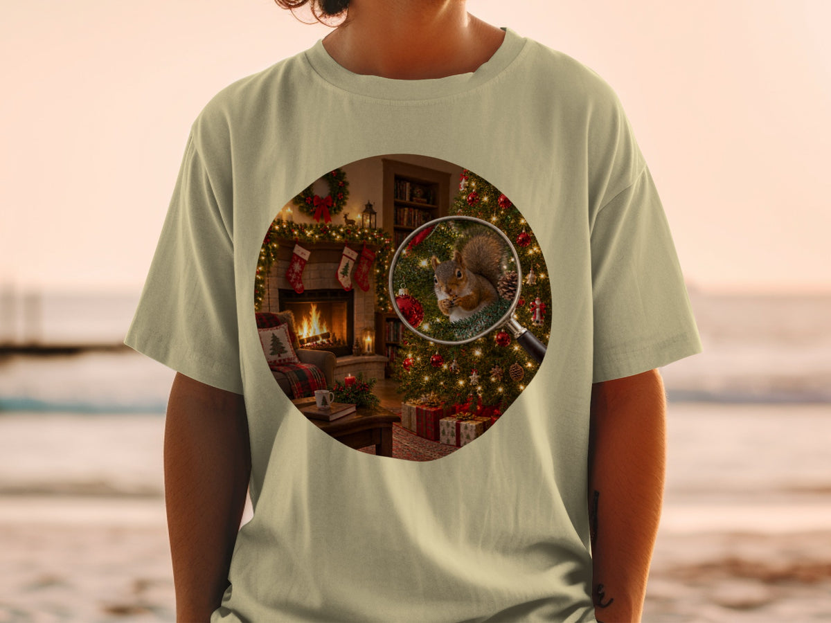 Squirrel in a magnifying glass on a Christmas scene with a fireplace and tree.