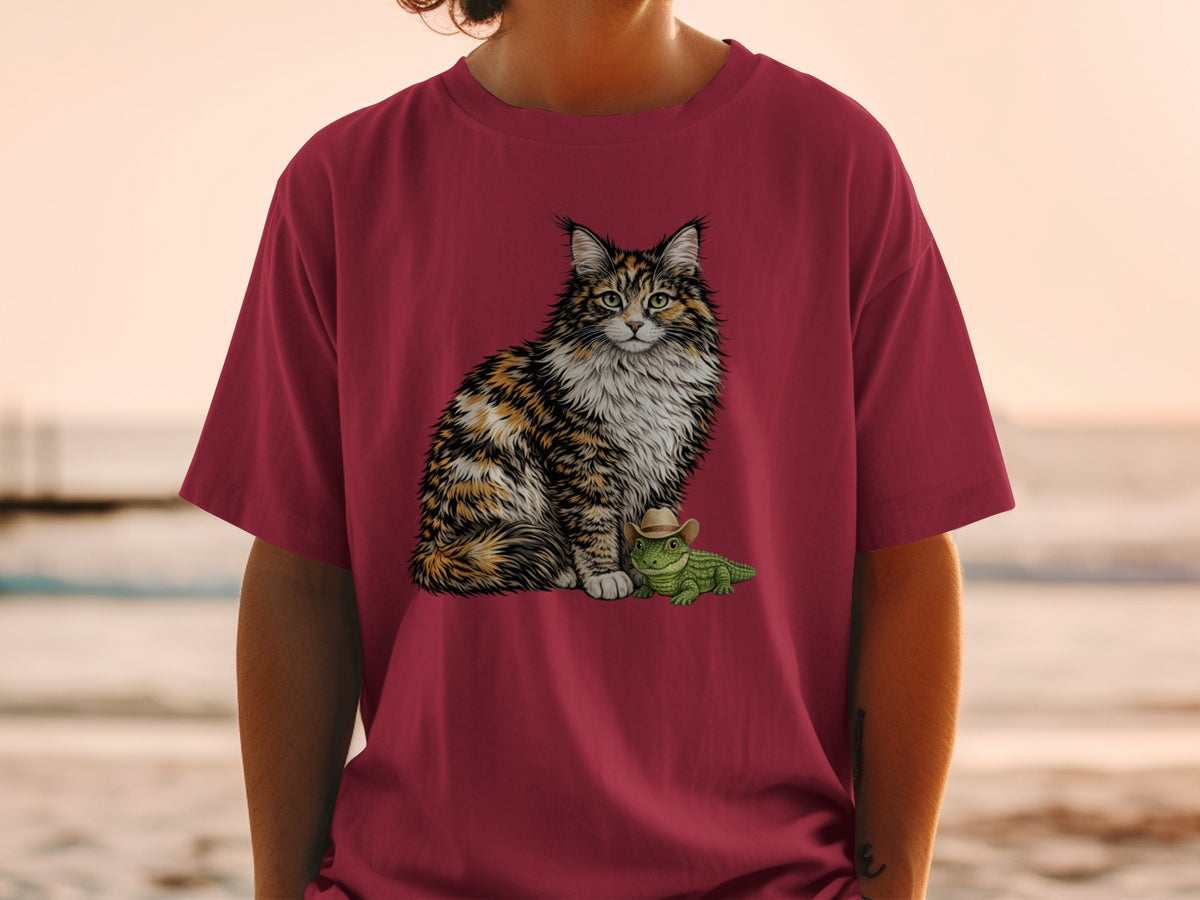 A person wearing a maroon t-shirt printed with a fluffy calico cat sitting beside a small alligator wearing a cowboy hat.