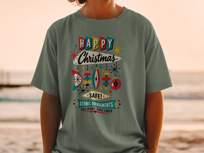 Retro "Happy Christmas" shirt with atomic ornaments and bold text.