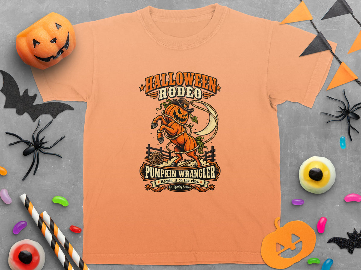 Orange t-shirt with Halloween Rodeo pumpkin wrangler graphic and moon.