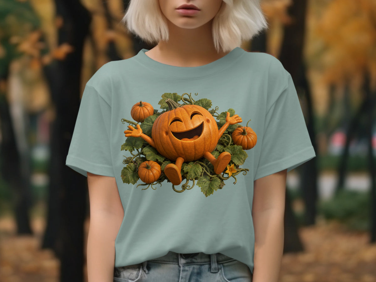 T-shirt with smiling pumpkin character and smaller pumpkins on green vines.