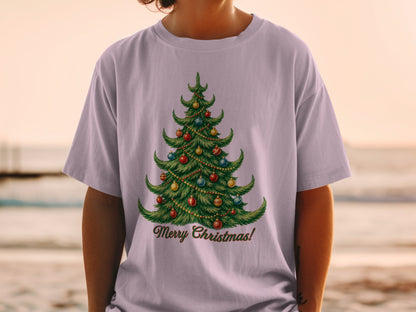 T-shirt with a decorated Christmas tree and "Merry Christmas!" text.