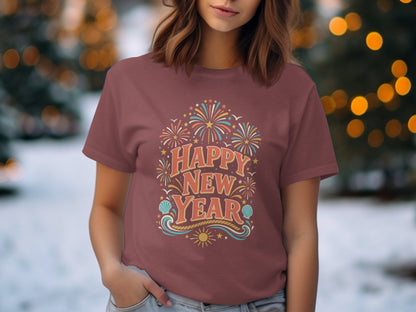 Maroon t-shirt with "Happy New Year" text, fireworks, sun, and seashells graphic.