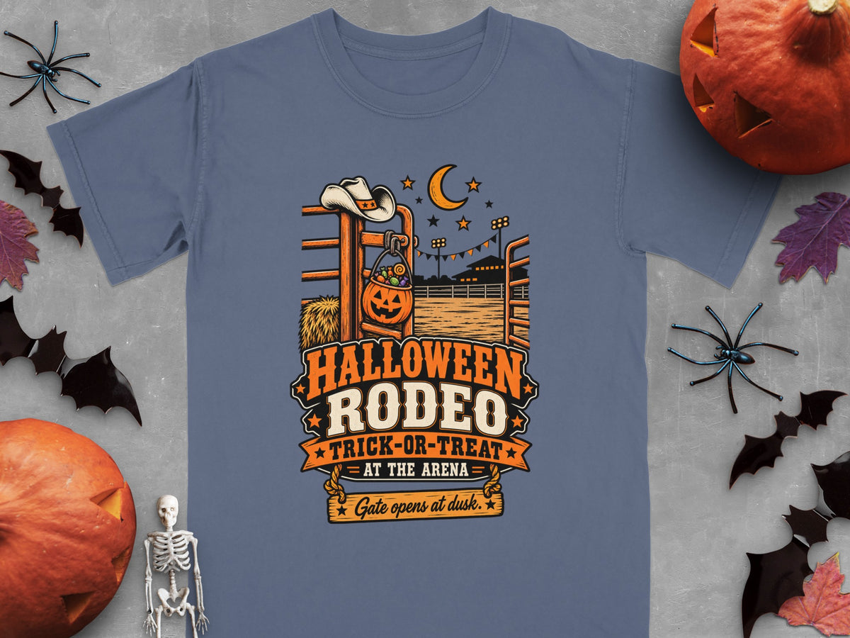 Halloween Rodeo Trick-or-Treat at the Arena design with cowboy hat, pumpkin, and moon.