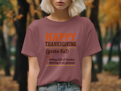 Happy Thanksgiving dictionary definition graphic on a maroon t-shirt.