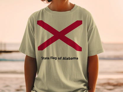 T-shirt with Alabama state flag design and "State Flag of Alabama" text.