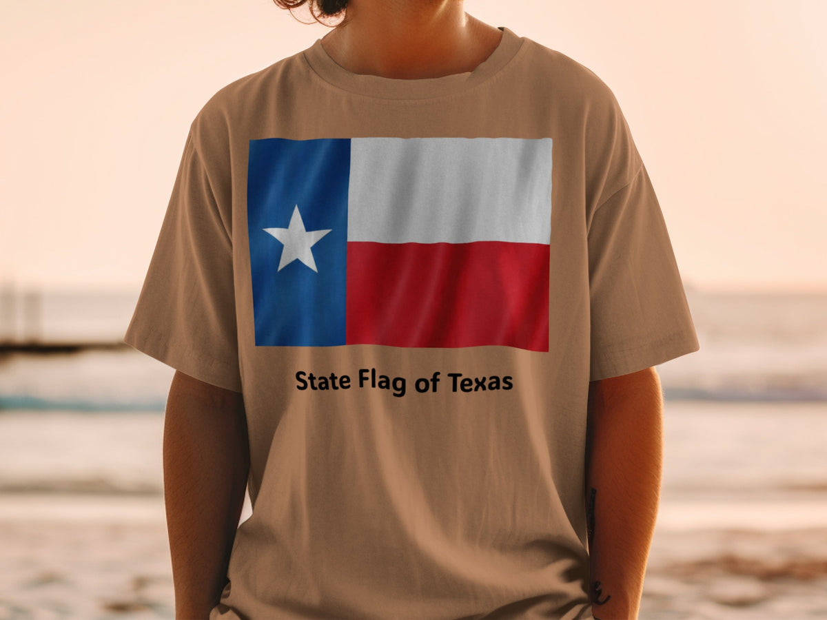 T-shirt with the State Flag of Texas graphic and text.