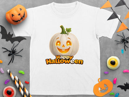 White t-shirt with a happy glowing pumpkin and "Happy Halloween" text.