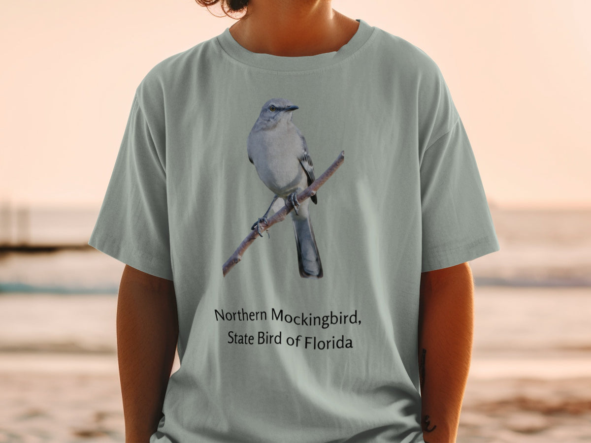 T-shirt with Northern Mockingbird, State Bird of Florida graphic.