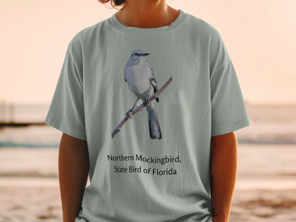 T-shirt with Northern Mockingbird, State Bird of Florida graphic.