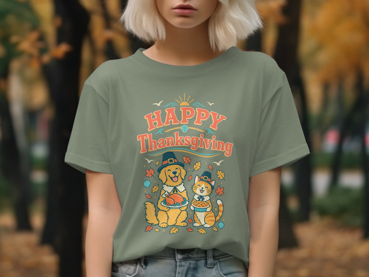 Happy Thanksgiving shirt with dog and cat characters holding food.