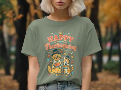 Happy Thanksgiving shirt with dog and cat characters holding food.