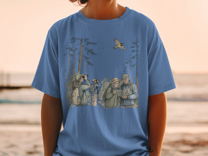Illustration of people birdwatching in a forest with a bird flying overhead.